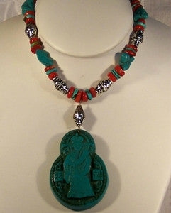 Chalk Turquoise Pendant with Silver and Coral