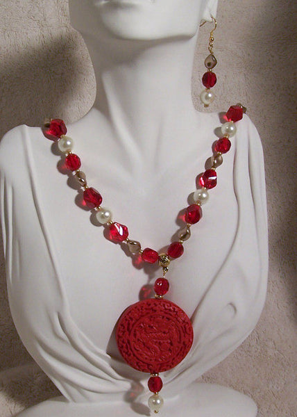Red Cinnabar (Immitation) Pendant Necklace Set