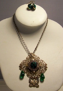 Emerald Green on Antique Brass Filigree