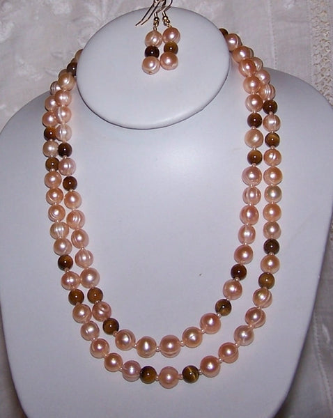 Peach Fresh Water Pearls with Golden Tigereye Necklace Set