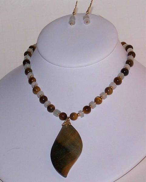 Golden Tigereye Leaf Necklace with Aquamarine Accents