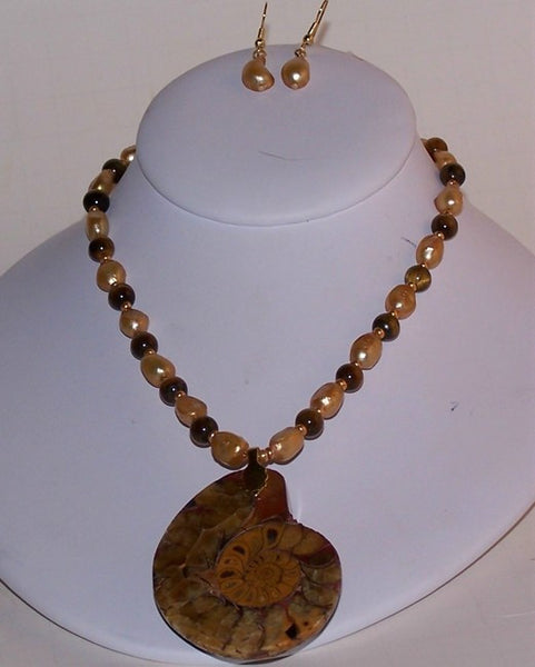 Ammonite Pendant with Fresh Water Pearls and Tigereye