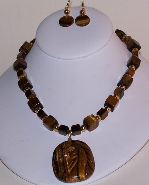 Carved Golden Tigereye Horse Head Necklace Set