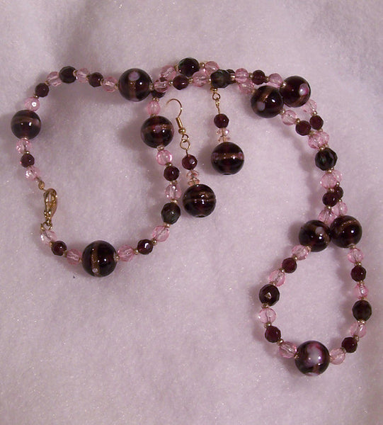 Brown Wedding Cake Beads with Pink Crystal Necklace Set