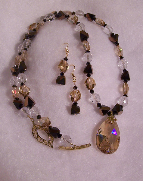 Swarovski Crystal Golden Shadow Necklace Set with Large Drop and Black Accents