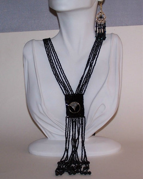 Black Art Deco Long Black Necklace Set with Rhinestones & Gold