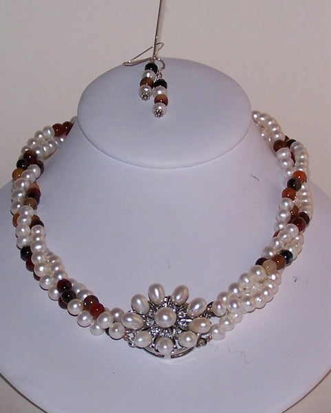 Pearl and Agate Triple-Strand Woven Necklace Set