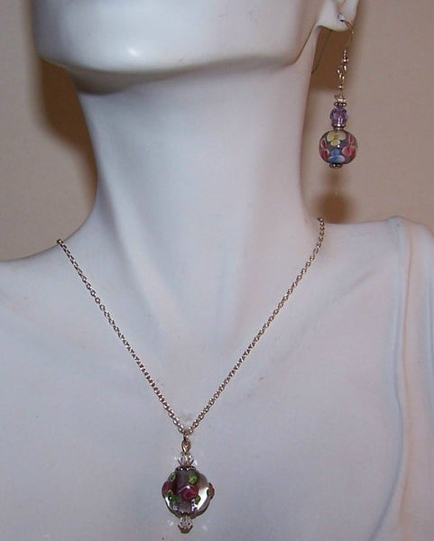 Lavender & Pink Flowers Lampwork Glass Pendant Set