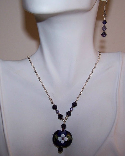 White Flower on Purple Lampworked Pendant.Set