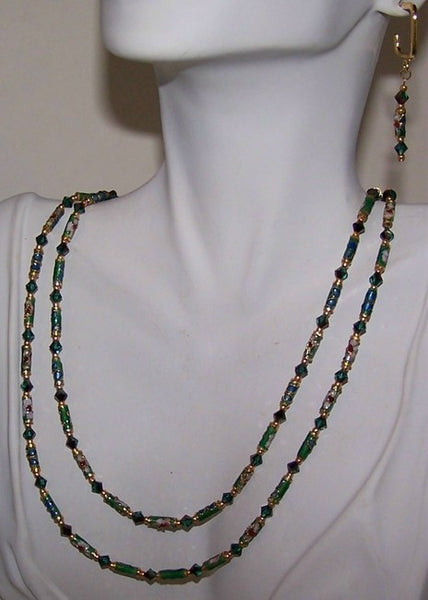 Emerald Green Cloisonne, Long Thin Necklace Set