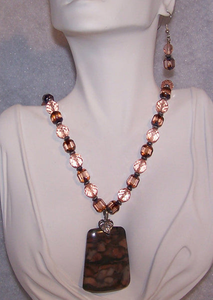 Green Zebra Agate on Brown Glass and Silver Necklace