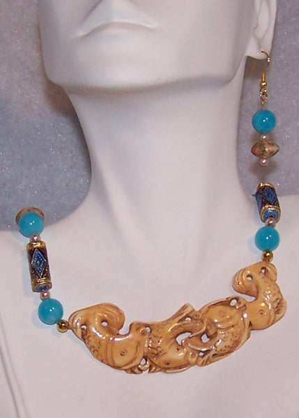 Carved Ox-Bone Fishes Statement Neklace Set