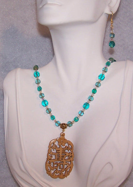 Carved Ox-Bone Pendant on Blue Glass Necklace Set