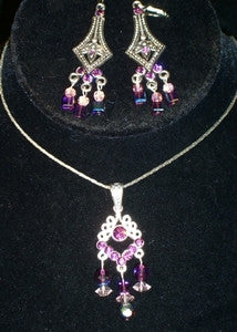 Dark Amethyst Crystal on Silver Chandelier Necklace Set