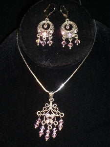 Pink Crystal on Silver Chandelier Set