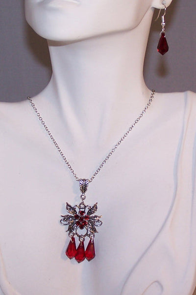 Red Crystal and Rhinestones on Antiqued Silver Pendant Set
