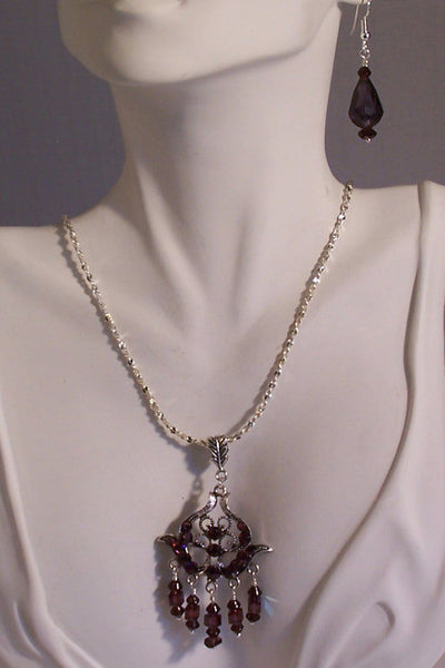 Purple Crystal and Rhinestones Pendant Set on Antiqued Silver