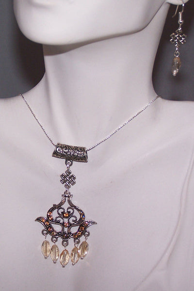 Crystal and Rhinestones Pendant Set on Antiqued Silver