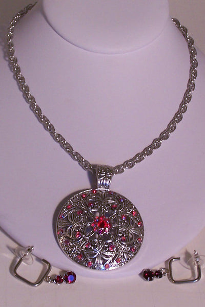 Red Siam Crystal Rhinestones on Silver Pendant