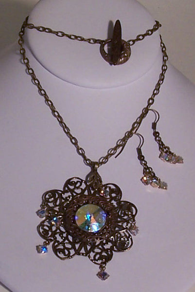 Crystal AB Rivioli on Filigree Antique Brass Pendant Set
