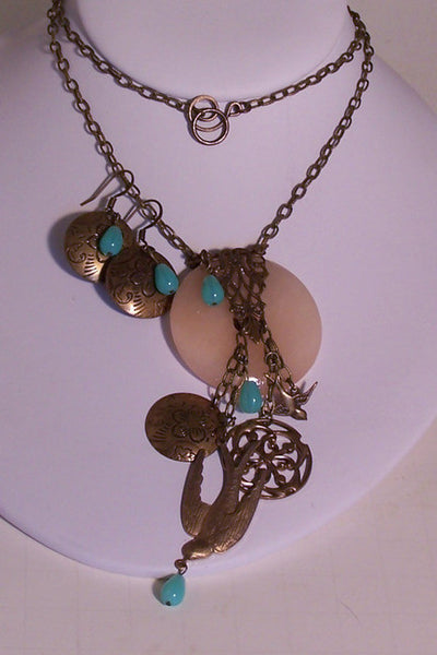 Swallows on Rose Quartz with Blue Accent Beads Pendant Set