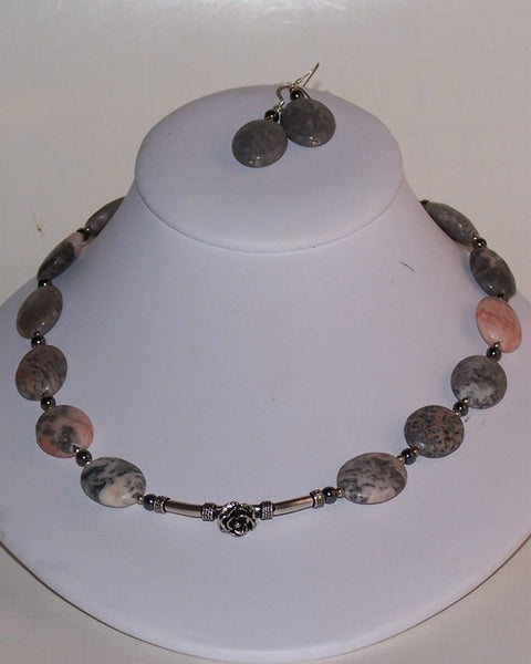 Silver Rose on Crazy Lace Agate Necklace