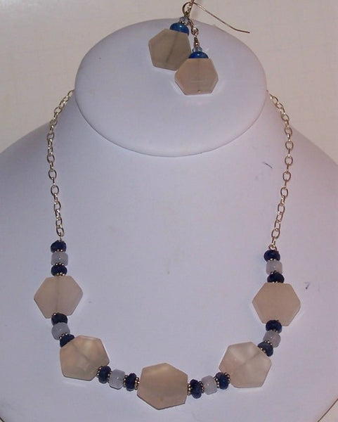Cream Agate Hexagon Necklace with Blue Accents