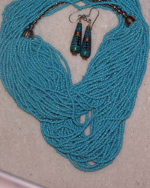 Turquoise-Colored Seed Bead Necklace Set