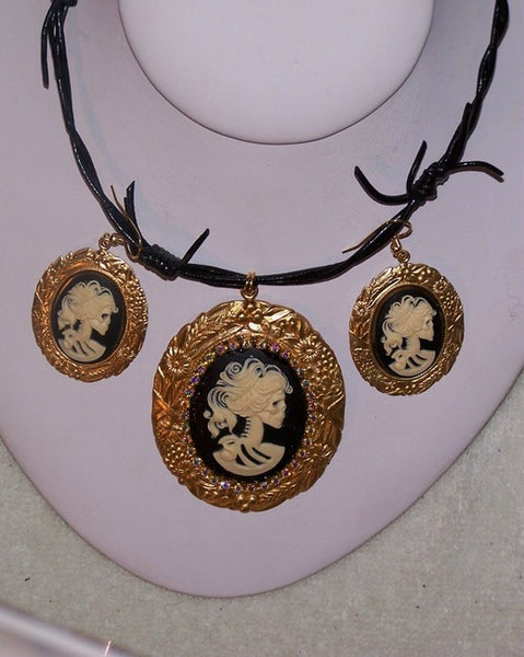 Cream Skull Cameo Pendant Set with Rhinestones on Leather "Barbed Wire"