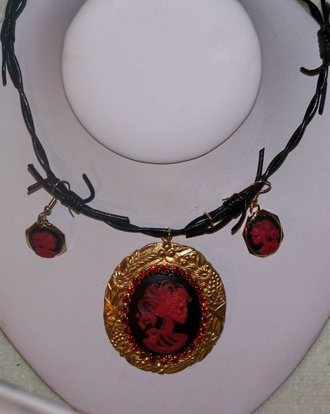 Red Skull Cameo Pendant Set with Rhinestones