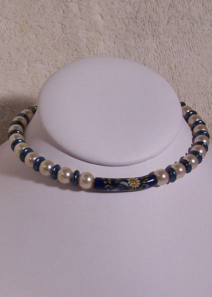 Blue Tensha Bead on Glass Pearl Choker Necklace Set