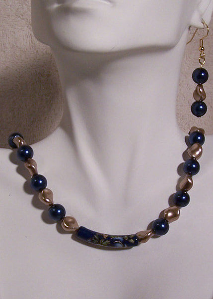 Blue Tensha Bead on Petal Pearls Necklace Set