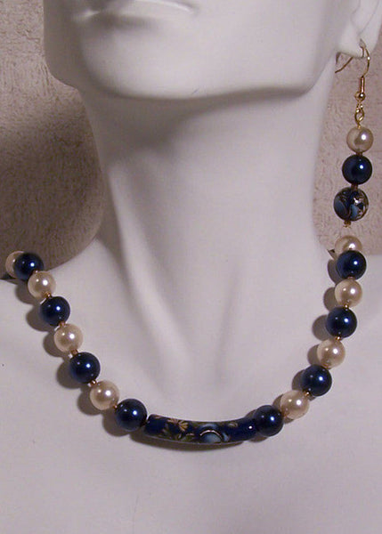Blue Tensha Bead on Glass Pearls Necklace Set