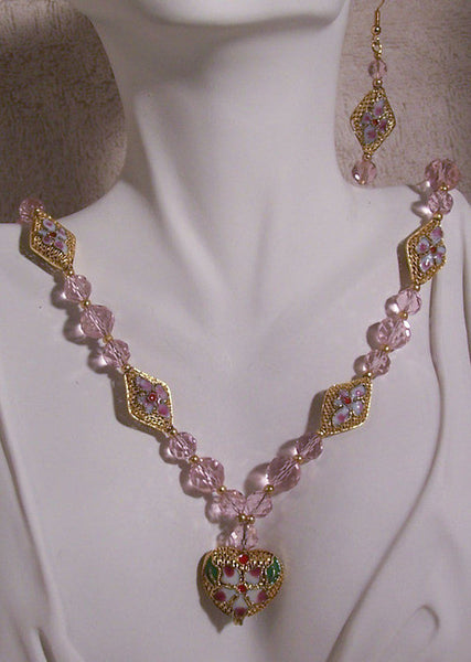 Golden Mesh Cloisonne with Pink Crystal Necklace Set