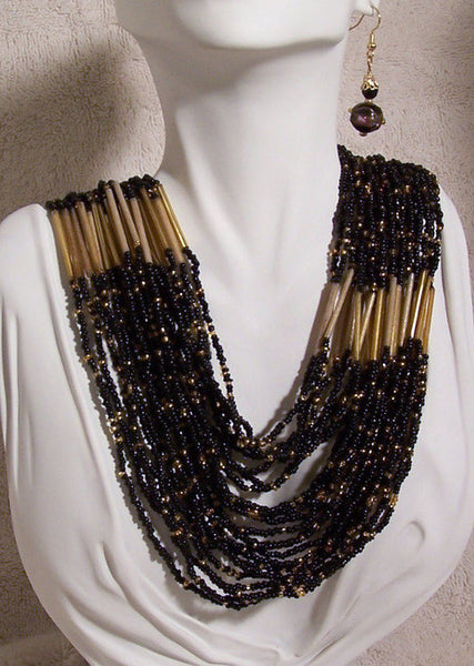 Black Multi-Strand Necklace Set with Gold