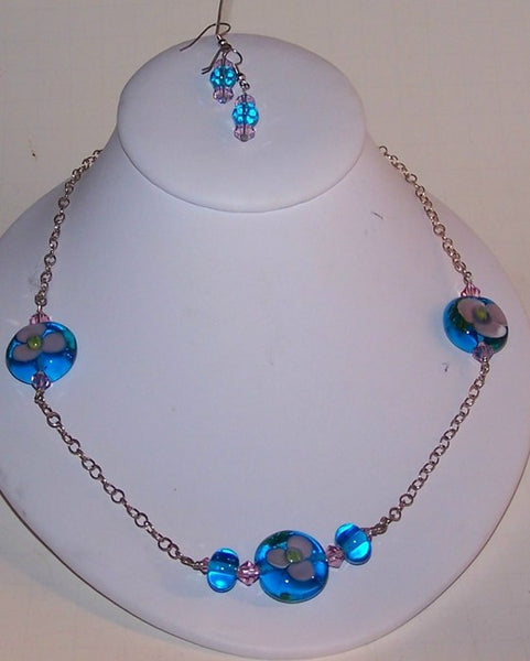Blue and Pink Lampwork on Silver Chain Necklace Set
