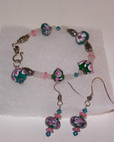 Teal and Pink Lampwork Beads Bracelet Set