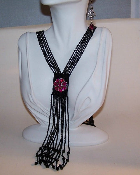 Black Art Deco with Pink Rhinestone Focal Necklace Set