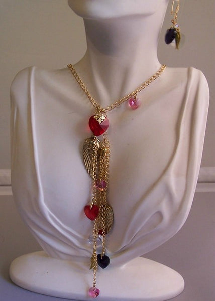 Colorful Crystal Hearts and Angel Wings Pendant Set