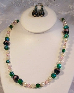 Green Lampwork with Pink Crystal Necklace Set
