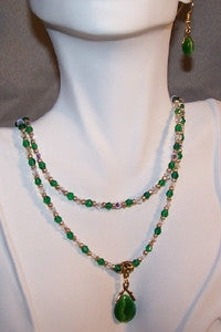 Emerald Green Catseye Necklace Set on Double Strands