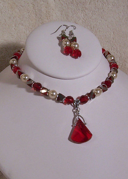 Red Triangular Drop with Silver & Pearls