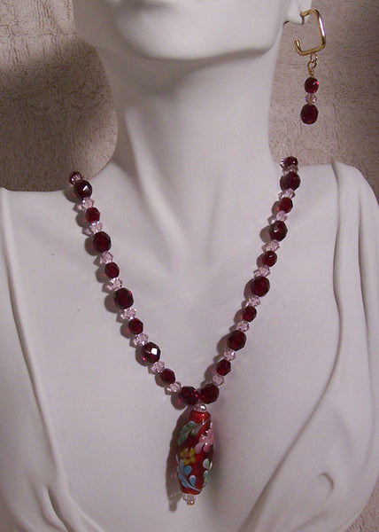 Garnet Crystal with Lampwork Bead Necklace Set