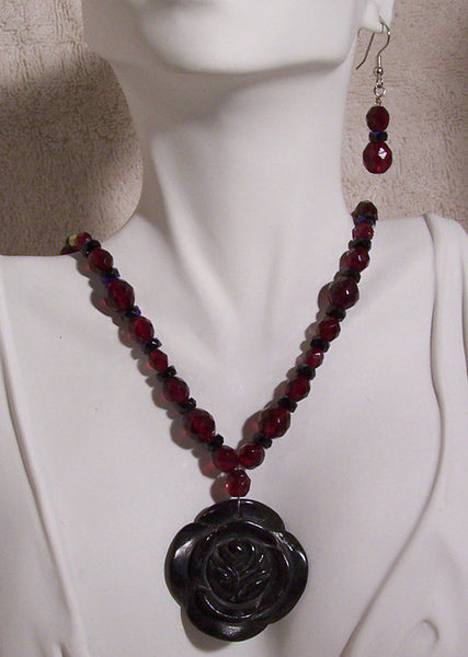 Black Rose on Red Crystal Necklace Set