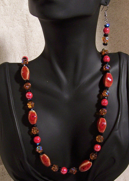 Long Red Ceramic Bead Necklace Set