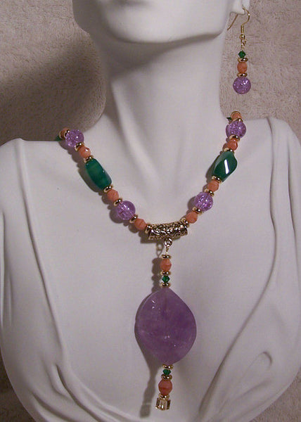 Amethyst on Green and Coral Glass Necklace Set