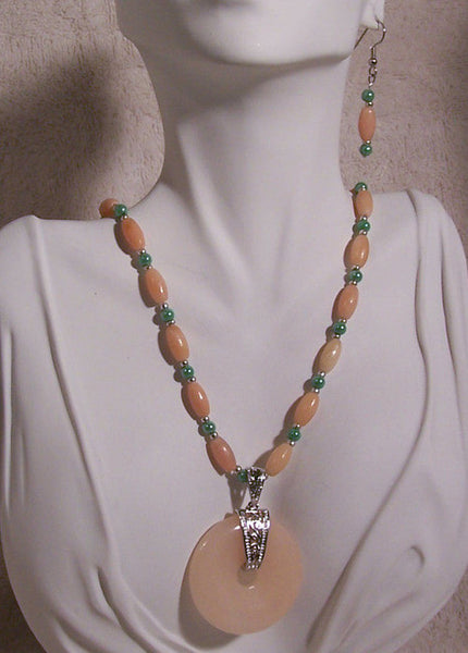 Peach Aventurine Donut Statement Necklace Set
