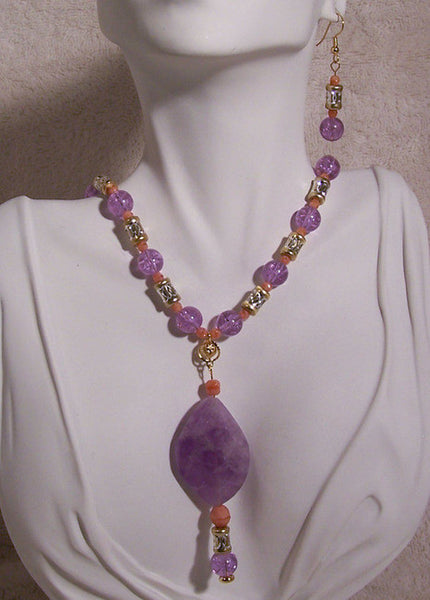 Amethyst Gemstone on Crackle Glass Necklace Set