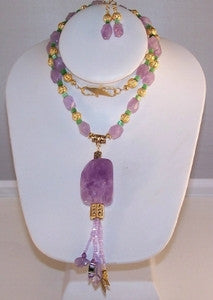 Amethyst Gemstone Statement Necklace Set with Beaded Tassel