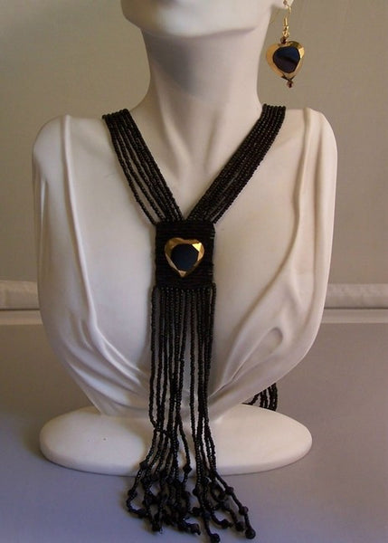 Black Heart Art Deco Jewelry Long Necklace Set
